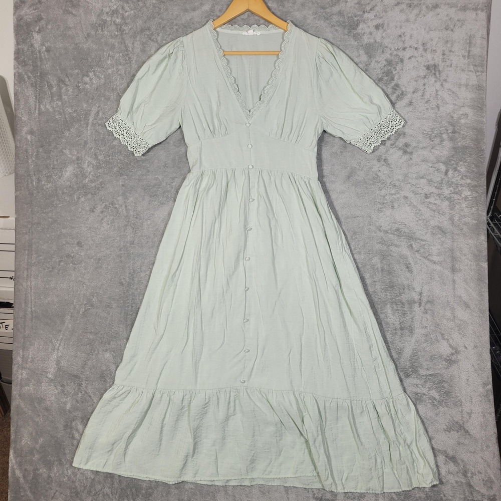 By The River Dress Womens Large Green Maxi Lace Puff Sleeve Lined Cottagecore